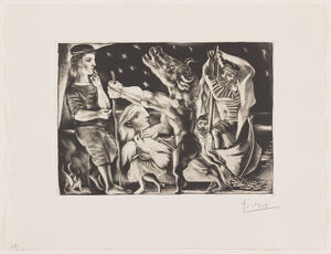 Aquatint worked with scraper to resemble mezzotint, drypoint and burin engraving