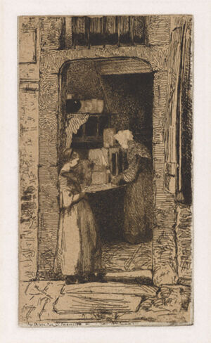 Etching in black ink on dark yellow Japanese paper laid down on off-white wove paper (chine collé); third state (of five)