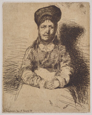 Etching in black ink on chine applique