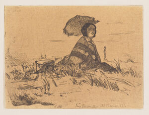 Etching in black ink on tan chine applique by Auguste Delatre