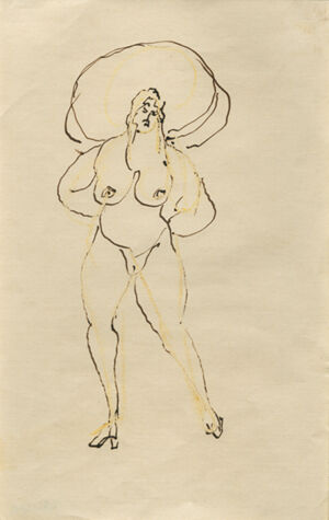 Pen, ink, yellow chalk on paper