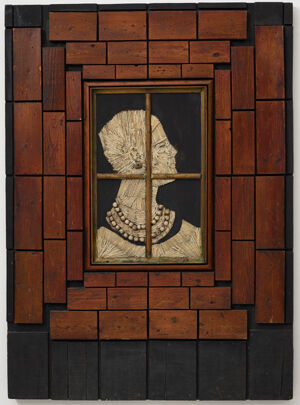 Stained and painted wod, wood frames, wood toothpicks, wood beads