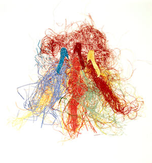 Color fast dyed and shredded arches museum paper and roplex on paper