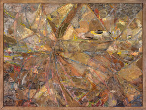 Collage, mica, oil, foil on masonite panel