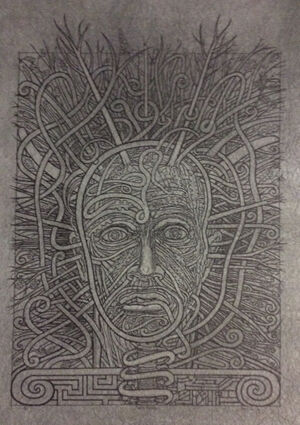 Intaglio, relief-printed on crumpled grey paper