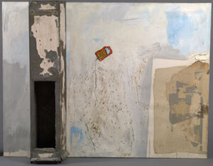 oil, printed paper, fabric, and metal on canvas