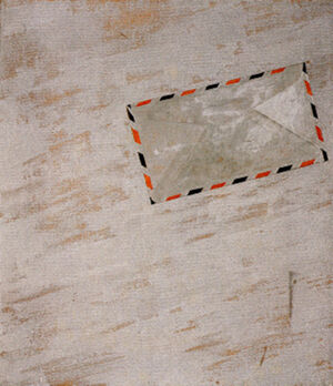 aluminum, paint, and collaged envelope  on canvas