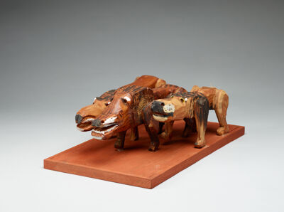 Stained, painted and blackened wood, baling twine