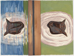 Painted wood, oil, and graphite on paper
