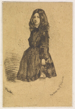 Etching in black ink on dark yellow Japanese paper laid down on off-white wove paper (chine collé); fourth state (of seven)