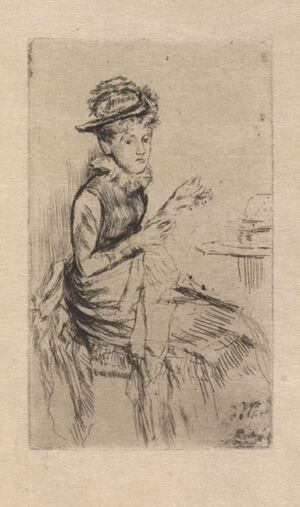 Etching in black ink on tan Japanese paper; only state