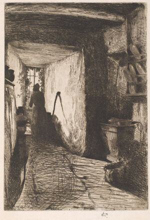 Etching in black ink on off-white Japanese paper laid down on ivory wove paper (chine collé); second state (of three)