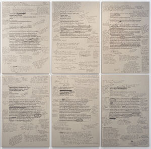 Inkjet printing and charcoal on linen, six panels