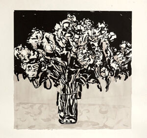 Linocut with hand-painting in India ink wash on white wove paper