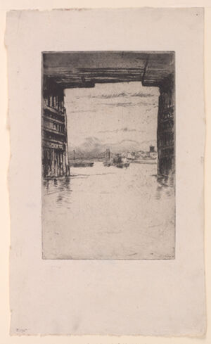 Etching, drypoint, and open bite printed in black ink on cream laid paper