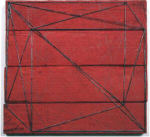 Dry pigment, nails, string and graphite on wood