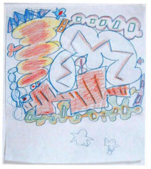 Colored pencil and pencil on two pieces of paper joined together