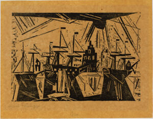 Woodcut on oatmeal-tan carbon-copy paper