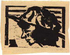 Woodcut on warm-toned Asian paper