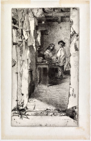 Etching and drpoint in black ink on laid Japan paper on laid paper