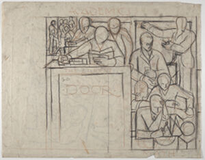 charcoal and crayon on off-white wove paper