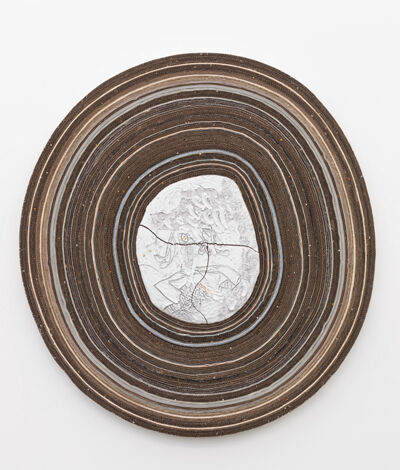 fired and glazed ceramics, cardboard, card paper, linen, cotton duck, stage film, polyester felt, leaf gold, smalti, natural stones, and plywood 