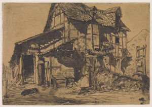 Etching in black ink on dark yellow Japanese paper laid down on ivory wove paper (chine collé); third state (of four)