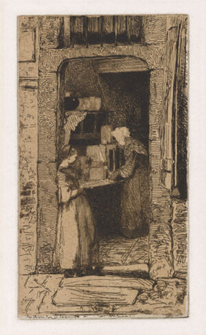 Etching in black ink on dark yellow Japanese paper laid down on off-white wove paper (chine collé); third state (of five)