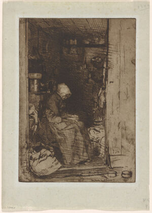 Etching and drypoint in brown ink on light green laid on paper; third state (of four)