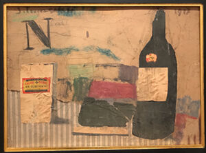 fabric, paper, pencil, paint, printed label, oil pastel on cardboard