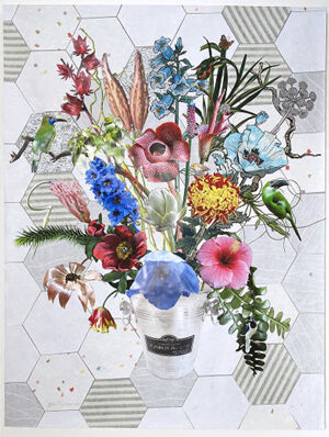 Collage, linocut, digital printing, colored pencil, watercolor, gouache, handcut on Japanese paper