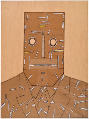 Cut and pasted brown paper bag with crayon, pastel, pencil, and colored pencil on wood