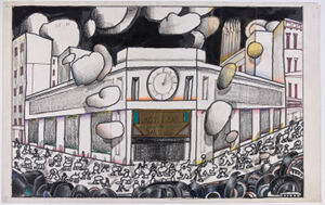 Colored markers, ballpoint pen, colored pencil, crayon, foil and paper collage on paper