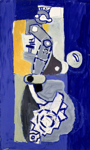 Opaque watercolor or acrylic and charcoal on paper