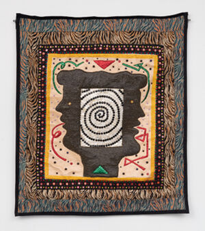 Glass and plastic beads, sequins and mother of pearl and plastic buttons on fabric, mounted on canvas