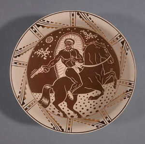 Native mineral paint, commercial slip, and gold luster on clay