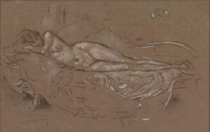 Colored pastel and black chalk on brown wove paper laid down on card